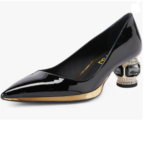 FSJ Black-gold Trim Bridal Pointed Toe Low Heel Crystal Slip on Wedding Pumps - Picture 1 of 9